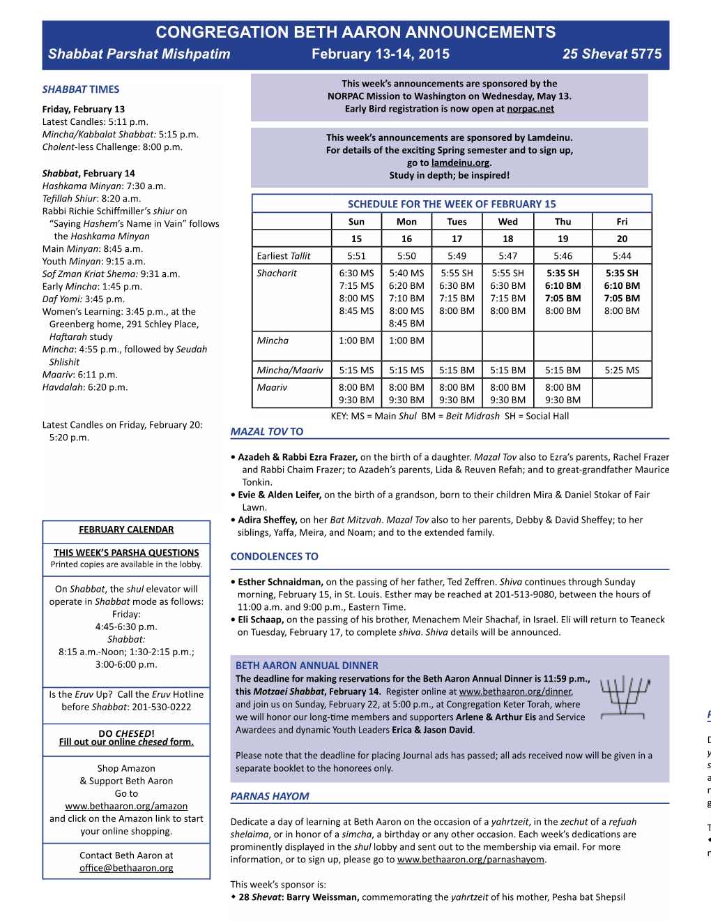 Mishpatim February 13-14, 2015 25 Shevat 5775