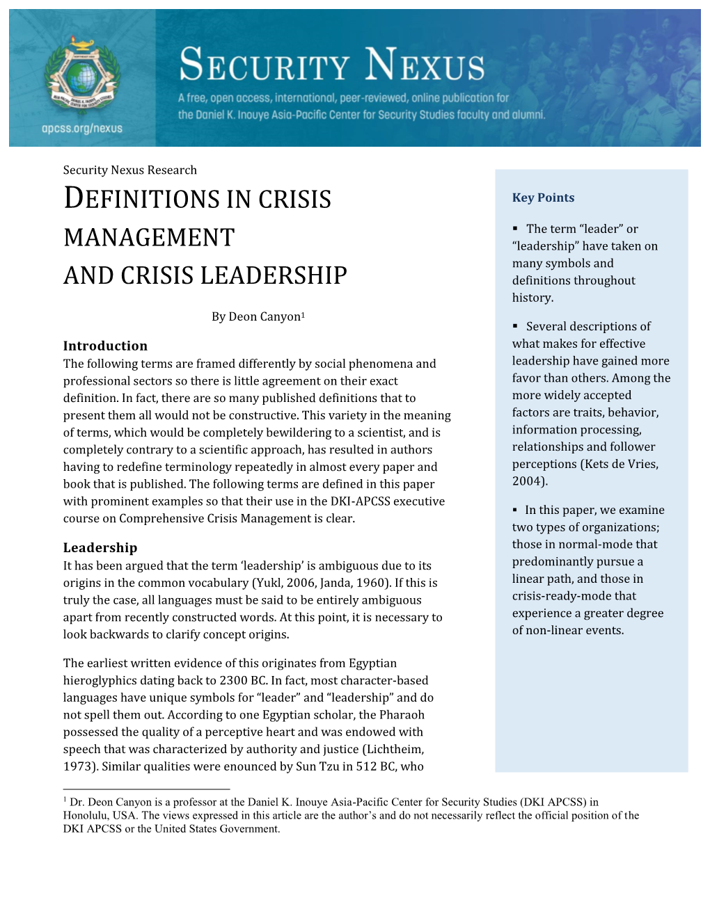 Definitions in Crisis Management and Crisis Leadership