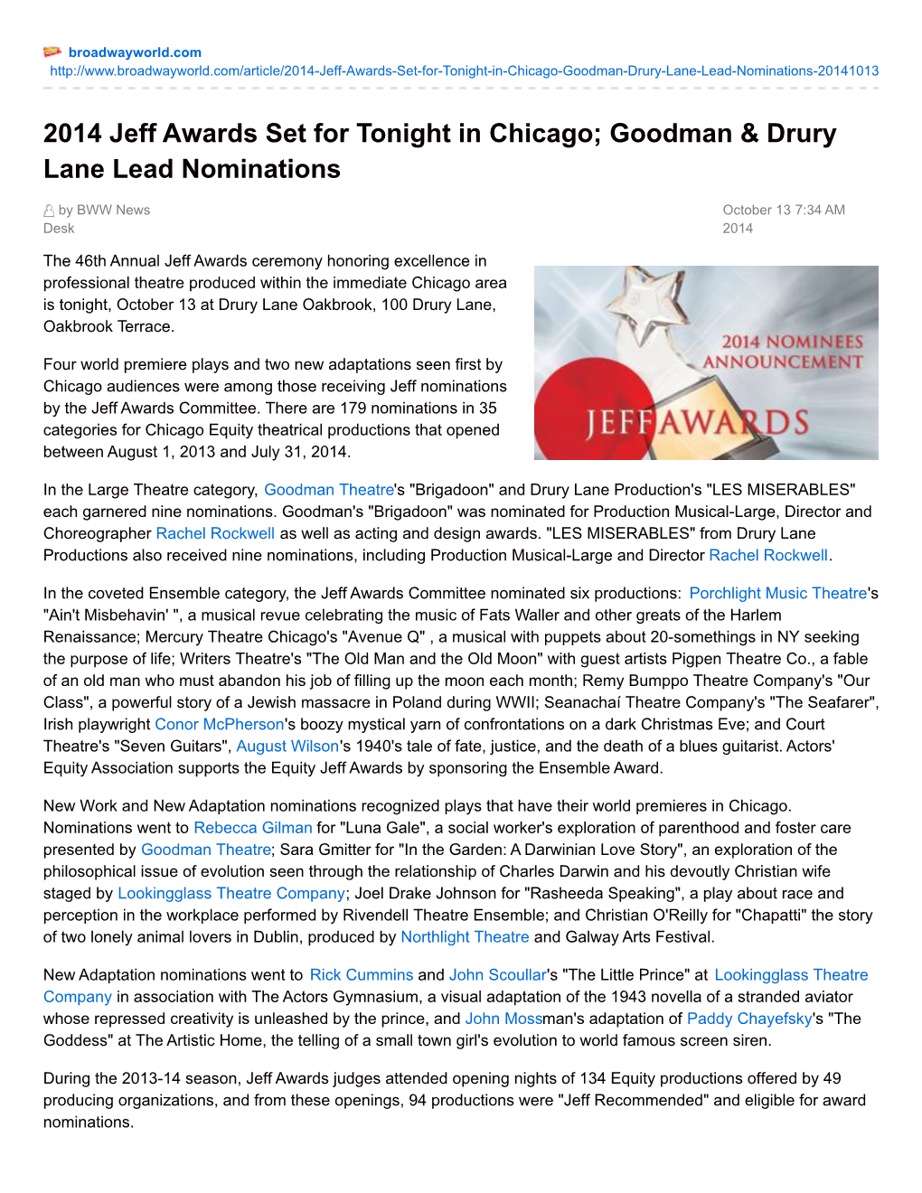 2014 Jeff Awards Set for Tonight in Chicago; Goodman & Drury Lane