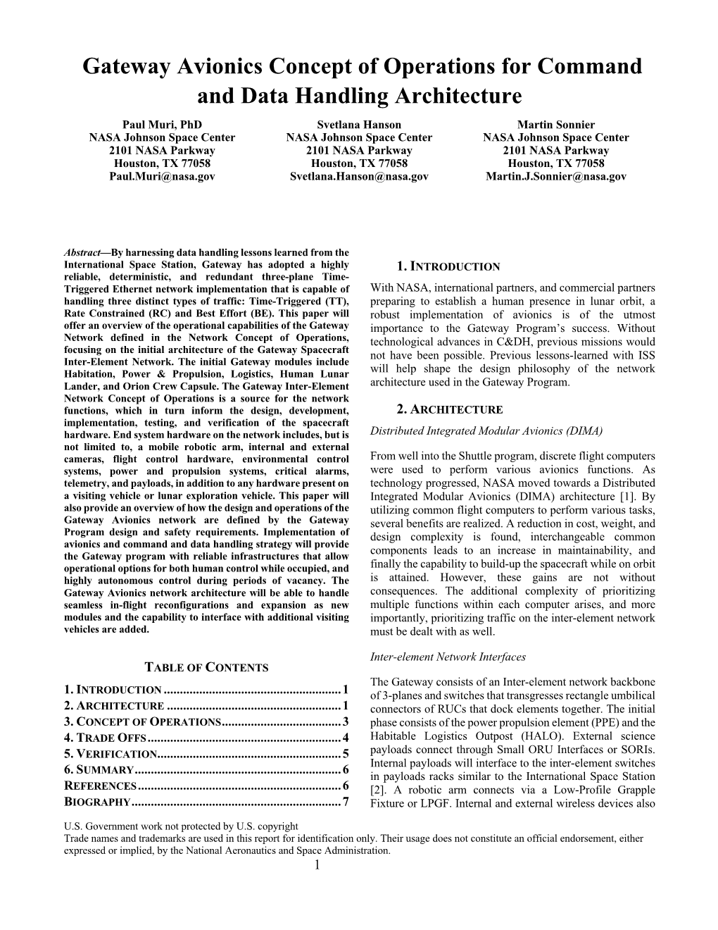 Gateway Avionics Concept of Operations for Command and Data