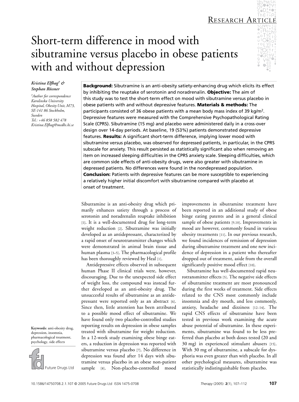 Short-Term Difference in Mood with Sibutramine Versus Placebo in Obese Patients with and Without Depression