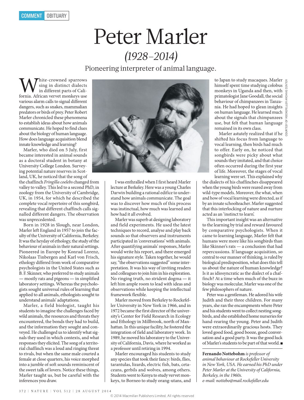 Peter Marler (1928–2014) Pioneering Interpreter of Animal Language