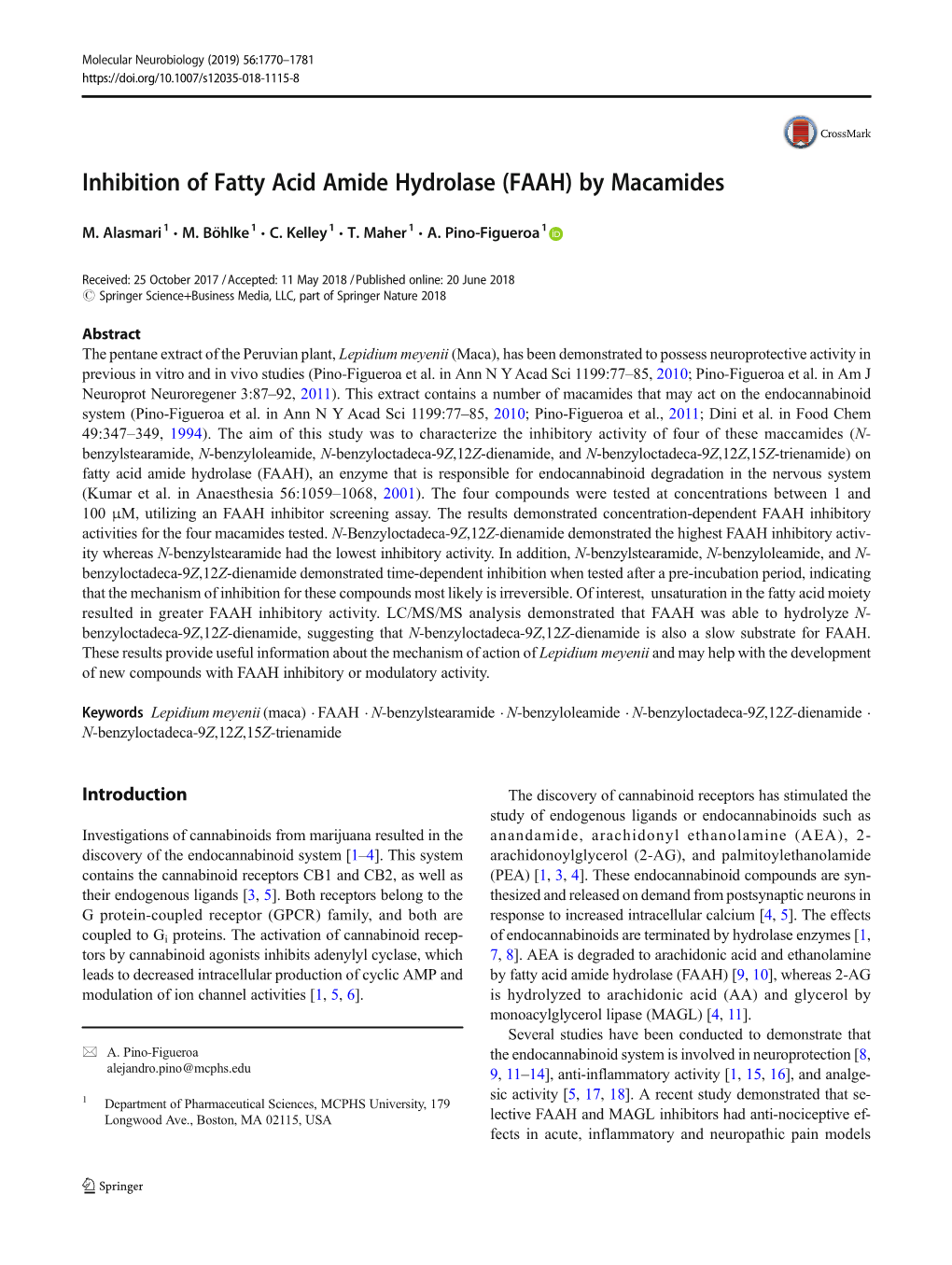 Inhibition of Fatty Acid Amide Hydrolase (FAAH) by Macamides