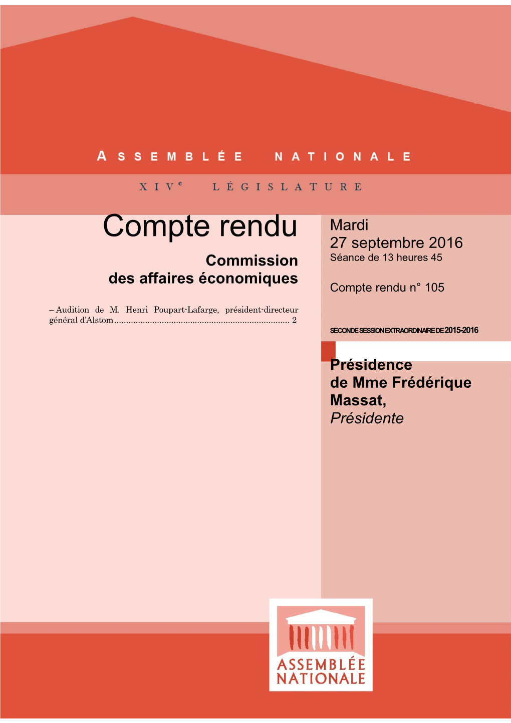 Compte Rendu Mardi 27 Septembre 2016 Commission Séance De 13 Heures 45 Des Affaires Économiques Compte Rendu N° 105