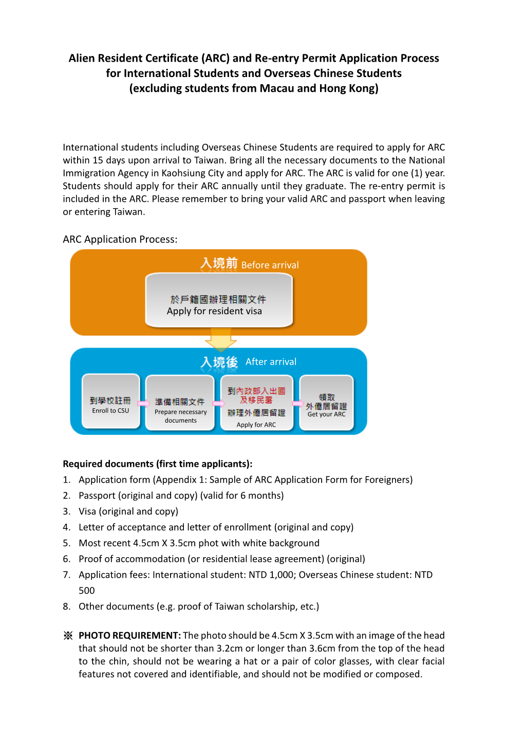 Alien Resident Certificate (ARC) and Re-Entry Permit Application Process for International Students and Overseas Chinese Student