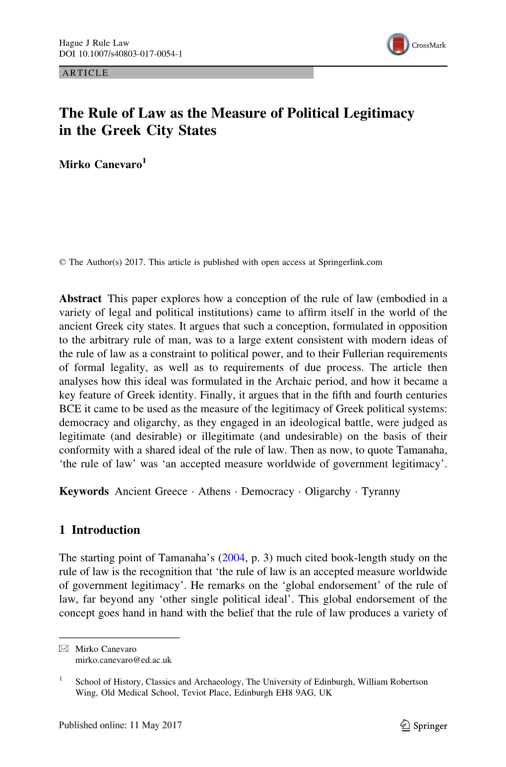 The Rule of Law As the Measure of Political Legitimacy in the Greek City States