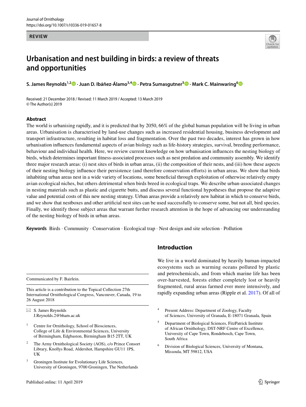 Urbanisation and Nest Building in Birds: a Review of Threats and Opportunities