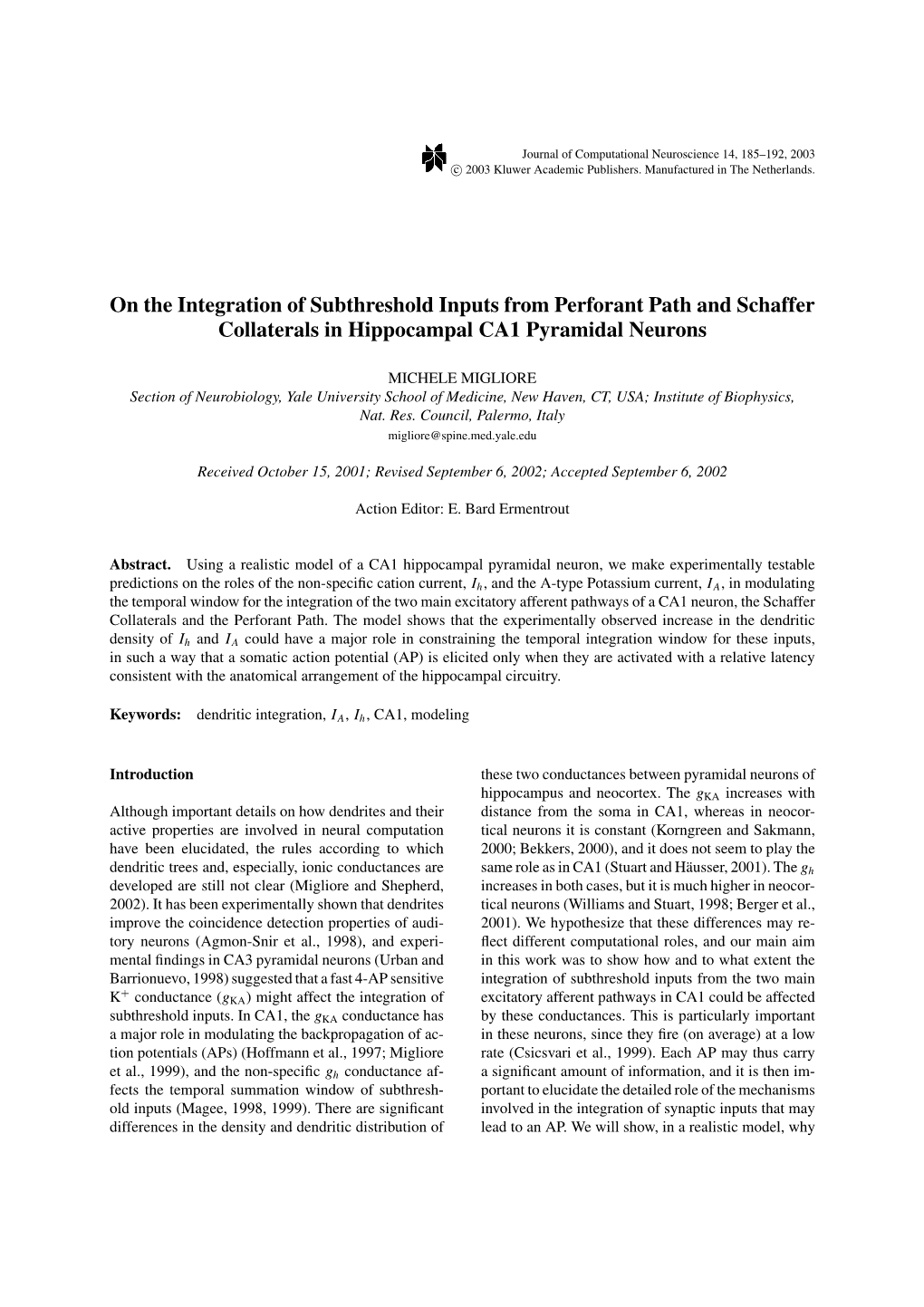 On the Integration of Subthreshold Inputs from Perforant Path and Schaffer Collaterals in Hippocampal CA1 Pyramidal Neurons