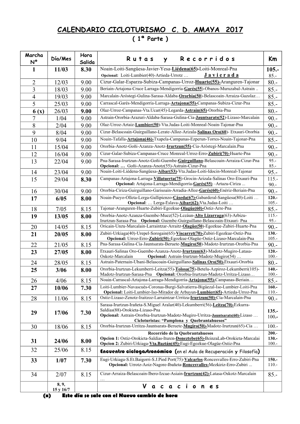 CALENDARIO CICLOTURISMO C. D. AMAYA 2017 ( 1ª Parte )