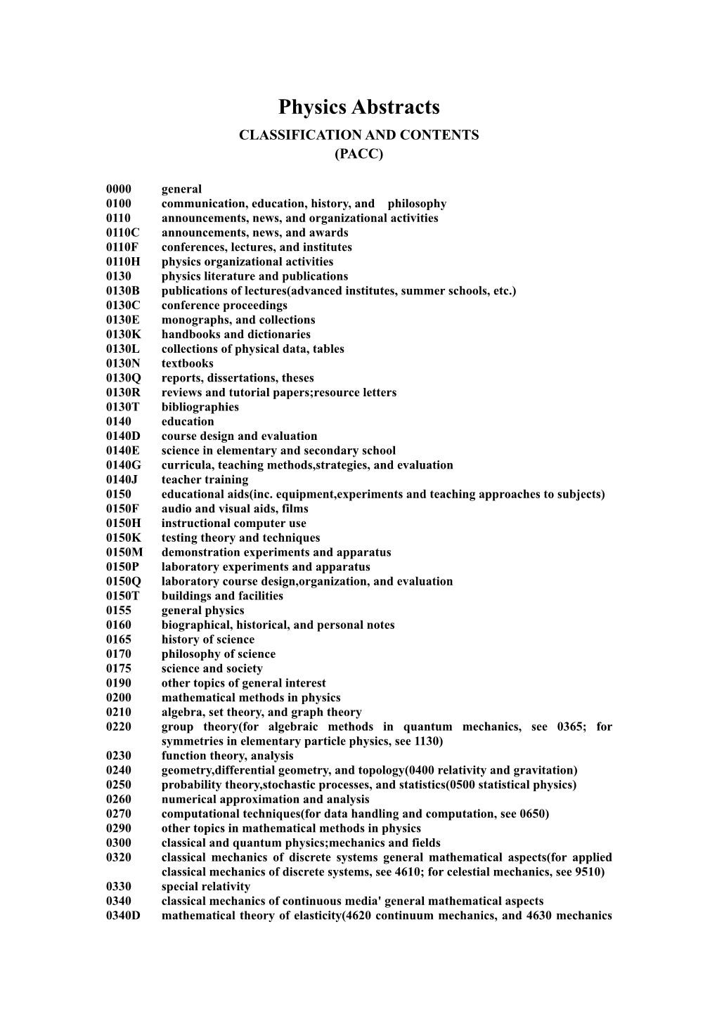 Physics Abstracts CLASSIFICATION and CONTENTS (PACC)