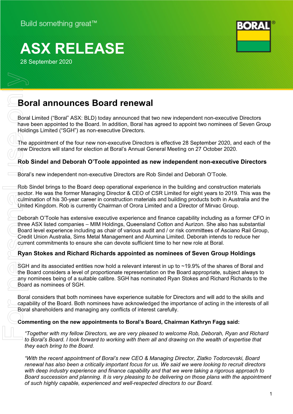 Boral Announces Board Renewal