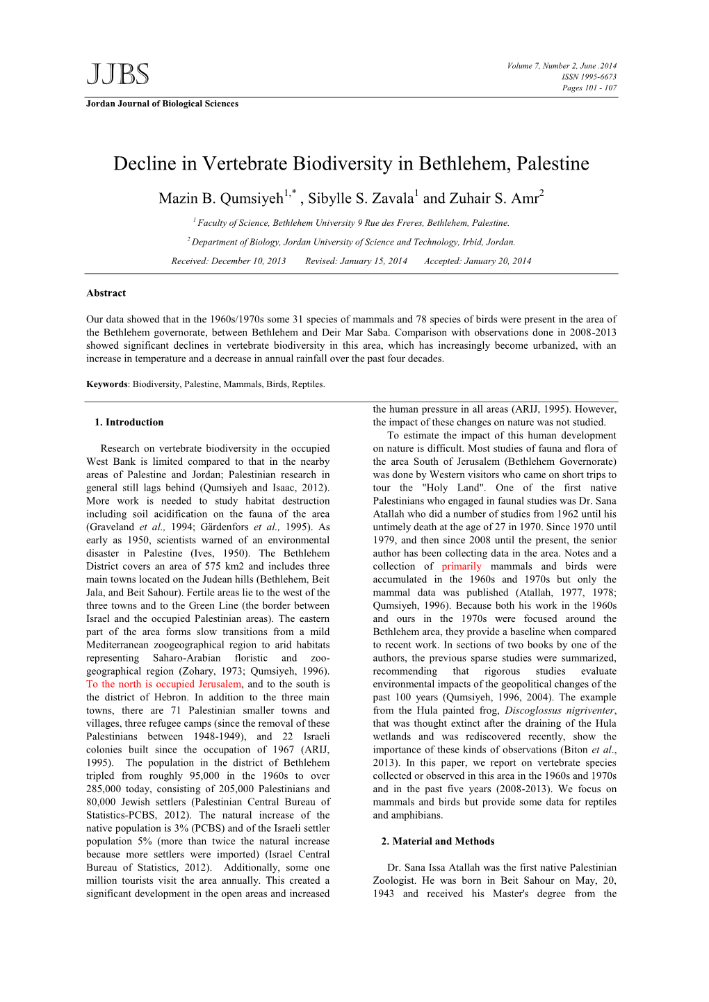 Decline in Vertebrate Biodiversity in Bethlehem, Palestine