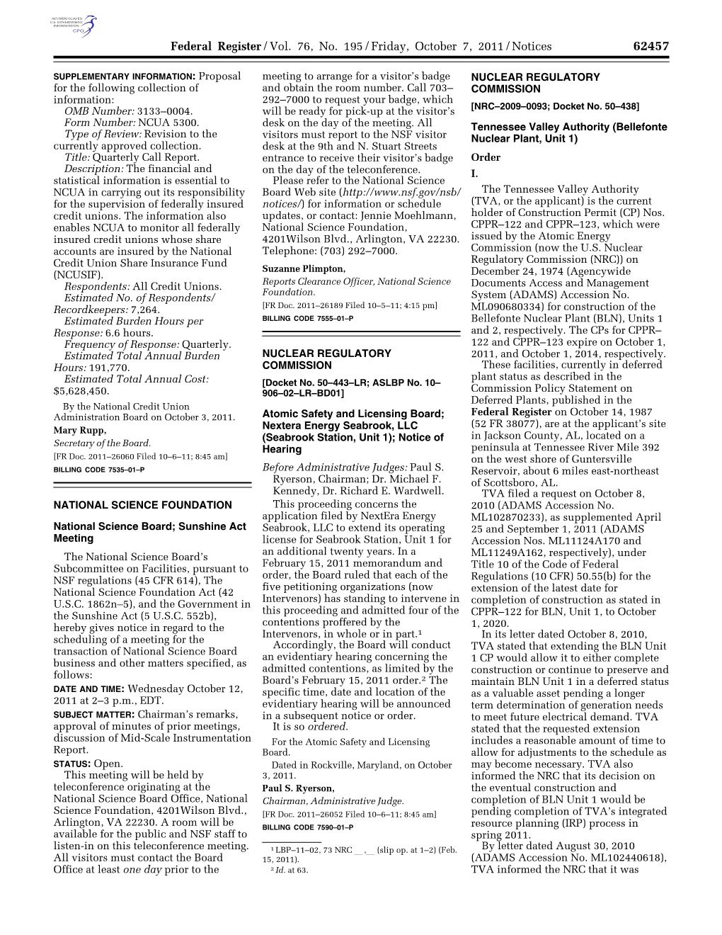 Federal Register/Vol. 76, No. 195/Friday, October 7, 2011/Notices