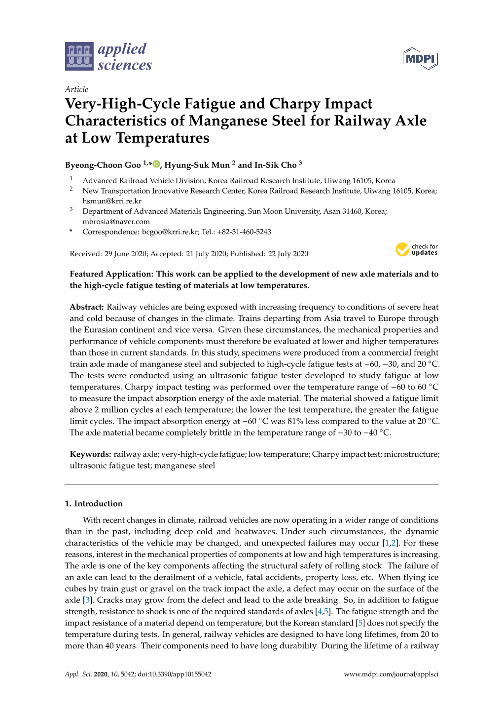 Very-High-Cycle Fatigue and Charpy Impact Characteristics of Manganese Steel for Railway Axle at Low Temperatures