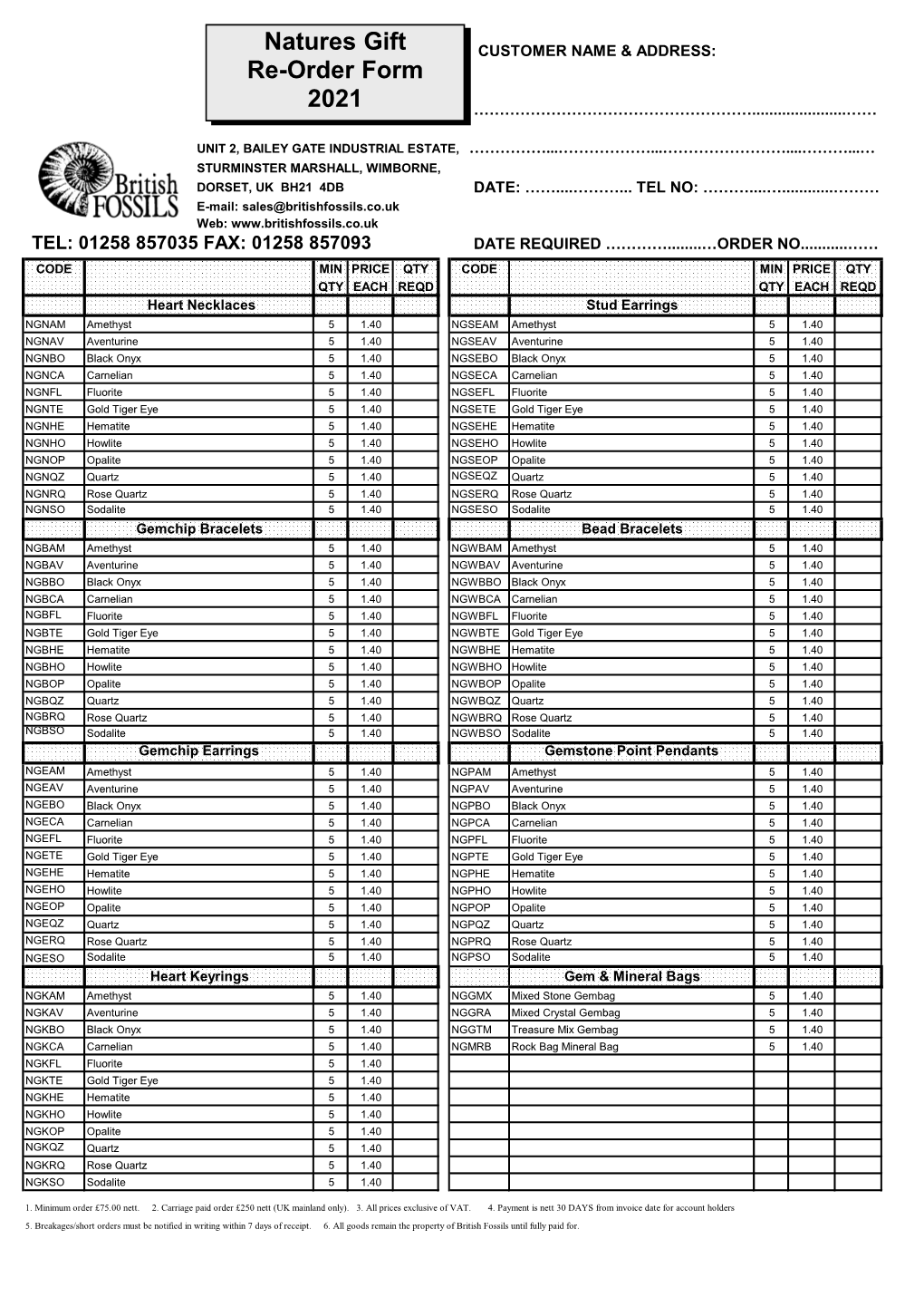 Natures Gift Re-Order Form 2021