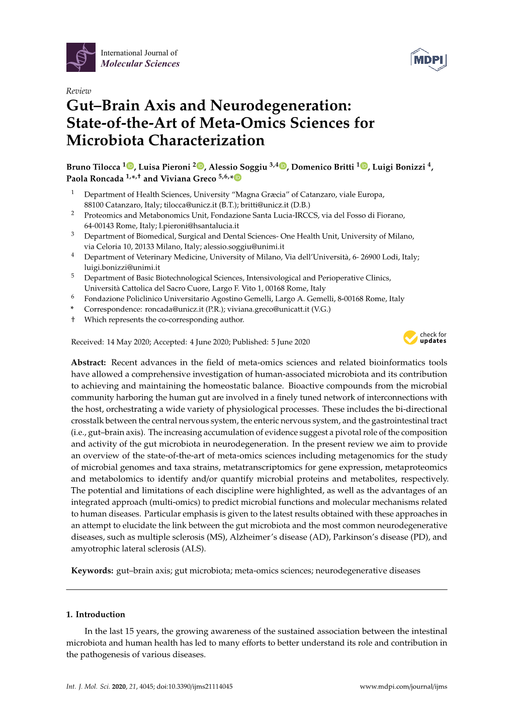 Gut–Brain Axis and Neurodegeneration: State-Of-The-Art of Meta-Omics Sciences for Microbiota Characterization