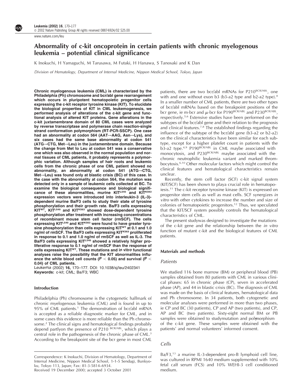 Abnormality of C-Kit Oncoprotein in Certain Patients with Chronic