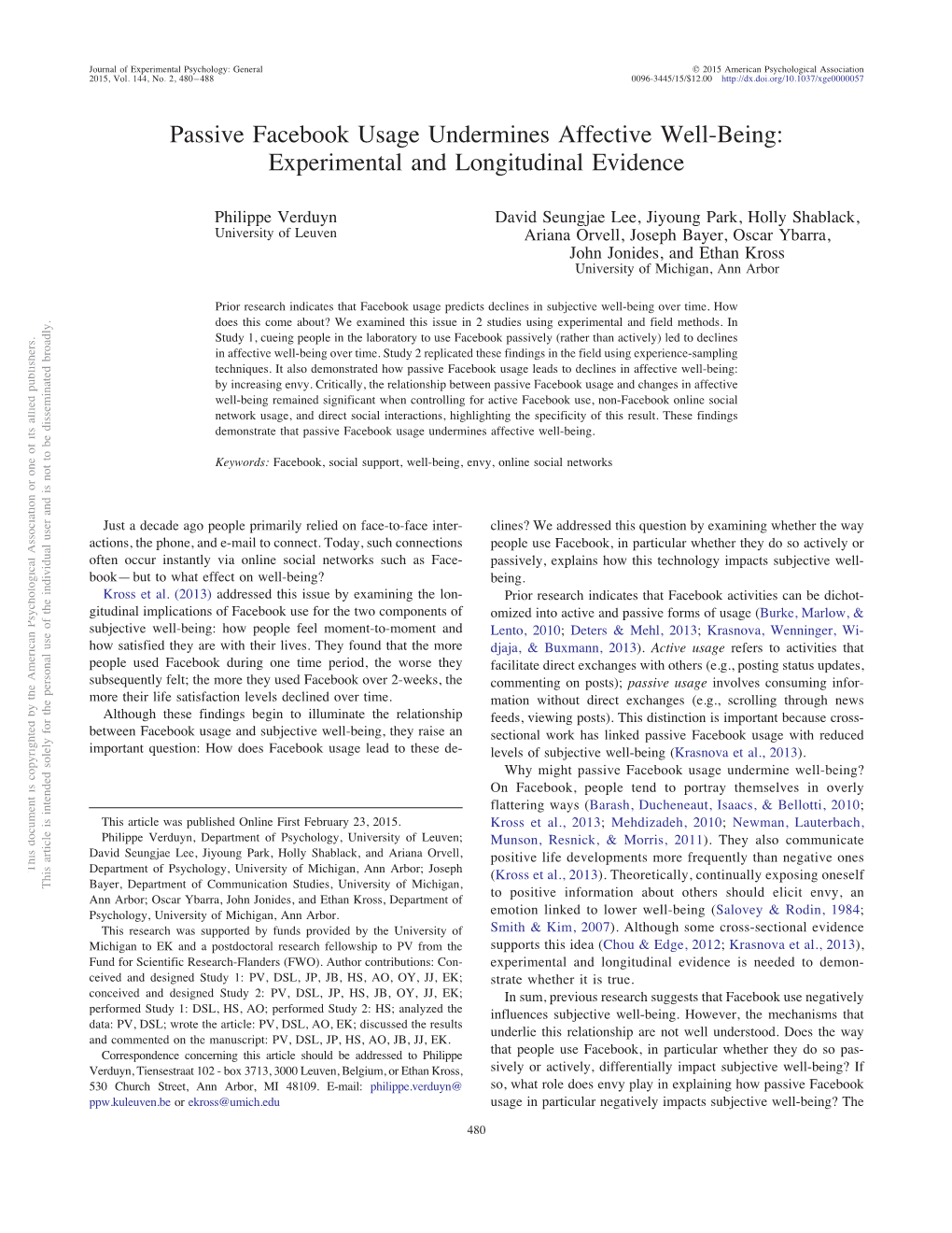 Passive Facebook Usage Undermines Affective Well-Being: Experimental and Longitudinal Evidence