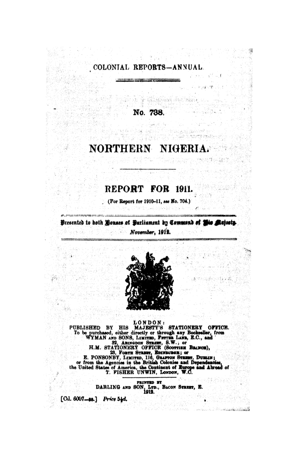 Annual Report of the Colonies, Northern Nigeria, 1911