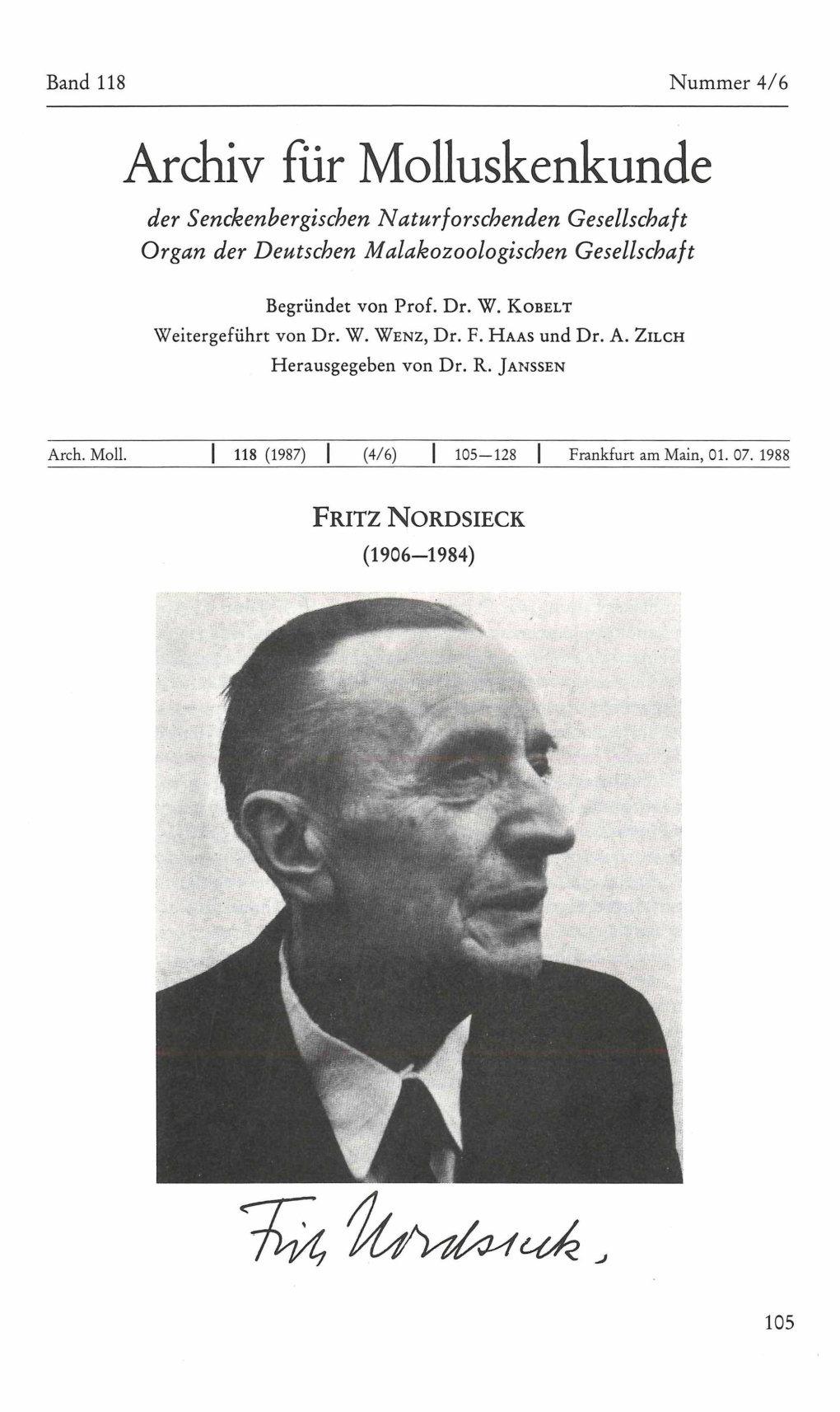 Nachruf Fritz Nordsieck (Aus Archiv Für Molluskenkunde 118)