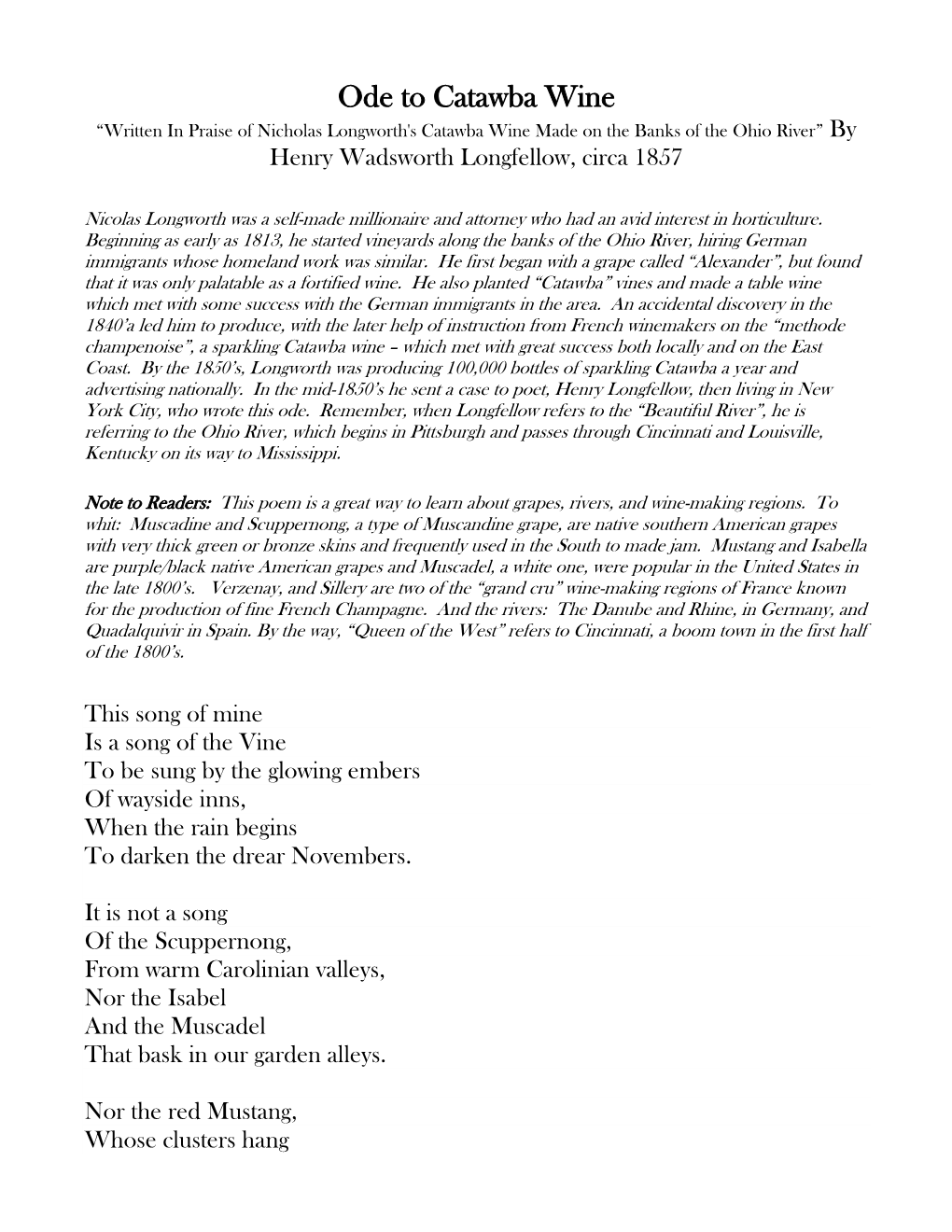 Ode to Catawba Wine “Written in Praise of Nicholas Longworth's Catawba Wine Made on the Banks of the Ohio River” by Henry Wadsworth Longfellow, Circa 1857