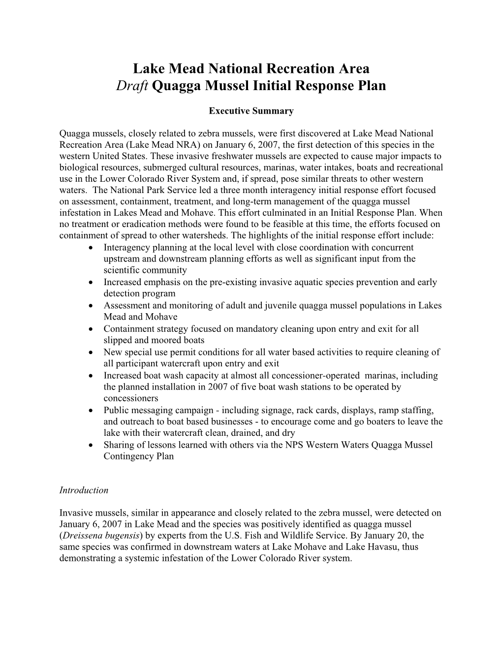 Lake Mead National Recreation Area Draft Quagga Mussel Initial Response Plan