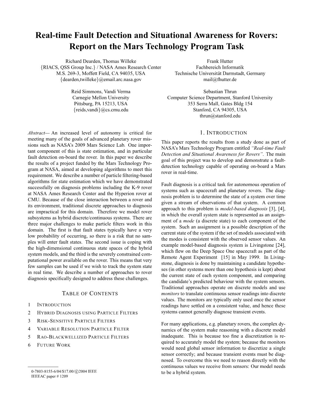 Real-Time Fault Detection and Situational Awareness for Rovers: Report on the Mars Technology Program Task