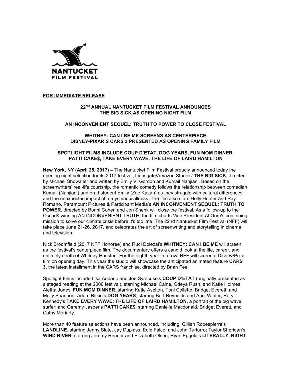 For Immediate Release 22​Nd​ Annual Nantucket Film