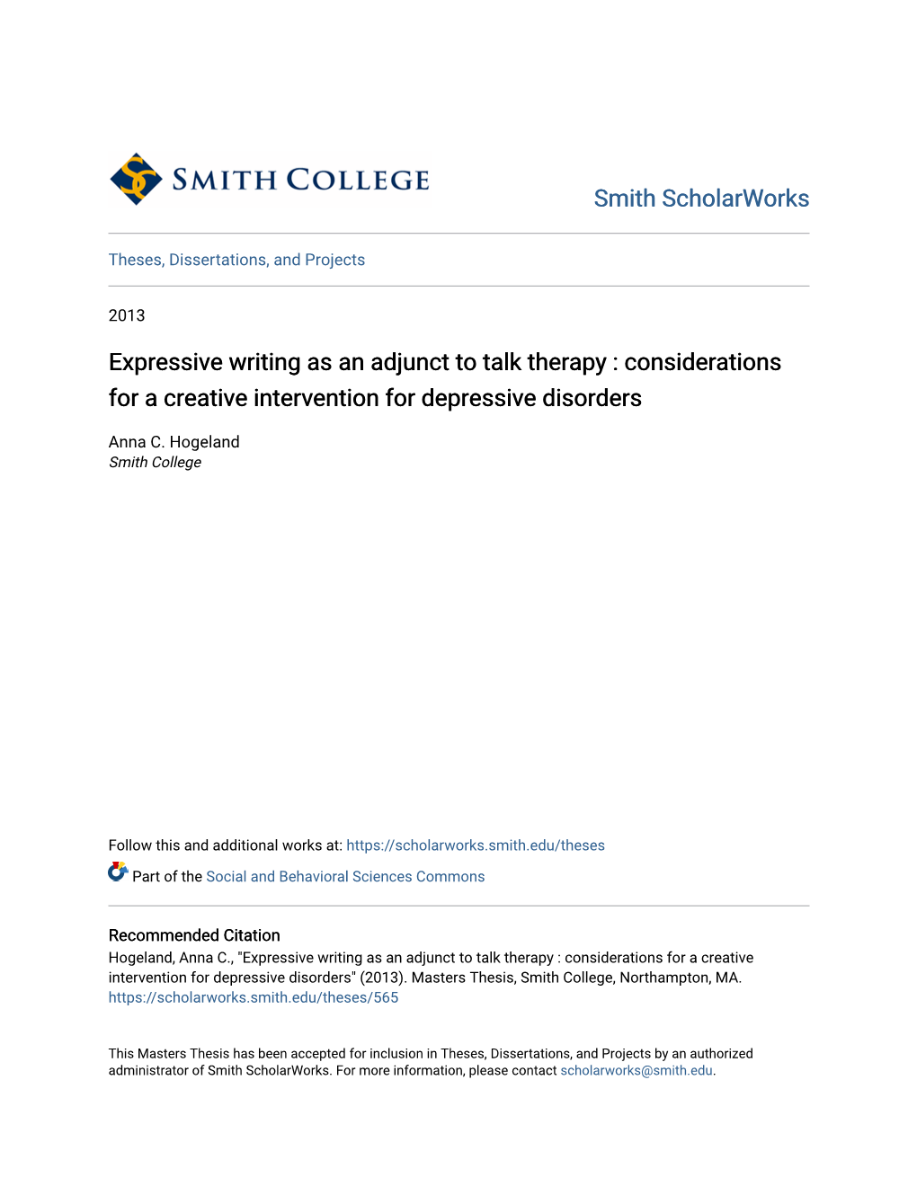 Expressive Writing As an Adjunct to Talk Therapy : Considerations for a Creative Intervention for Depressive Disorders
