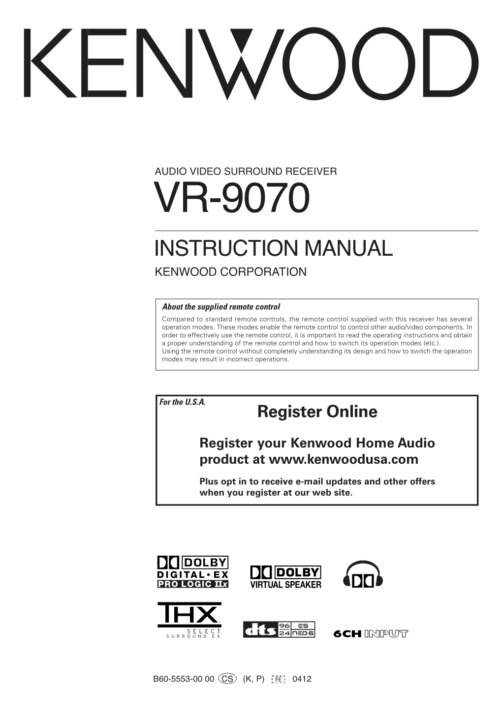 Vr-9070 Instruction Manual Kenwood Corporation
