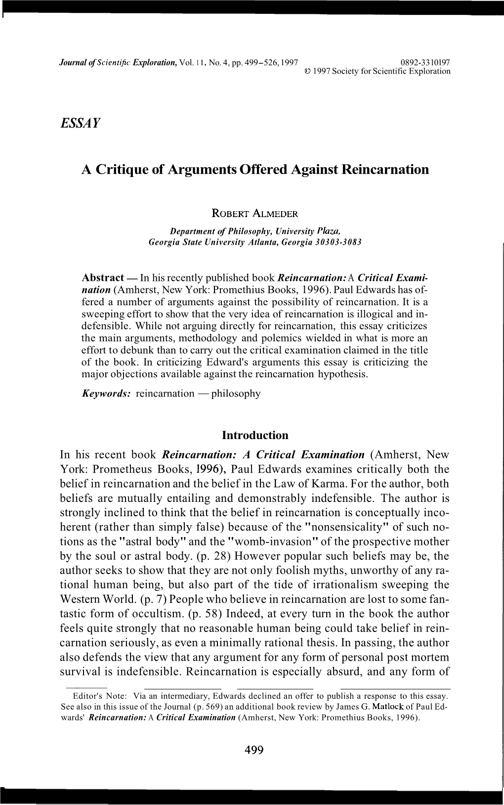 ESSAY a Critique of Arguments Offered Against Reincarnation