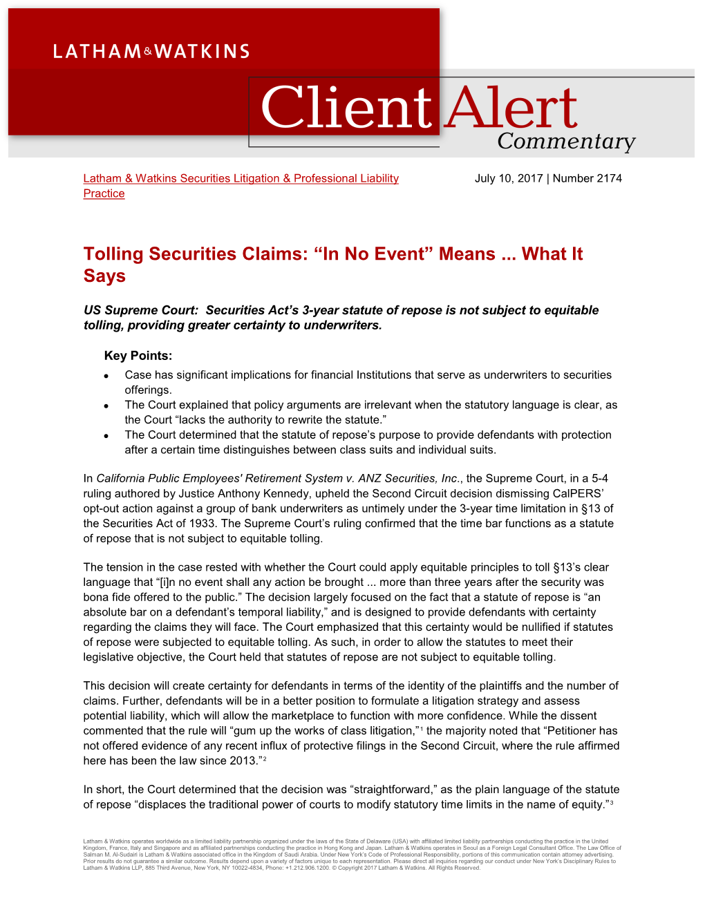 Tolling Securities Claims: “In No Event” Means