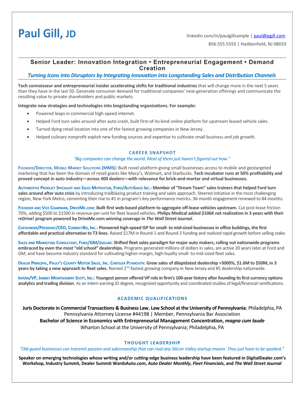 Senior Leader: Innovation Integration Entrepreneurial Engagement Demand Creation