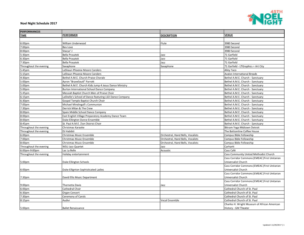 Noel Night Schedule 2017