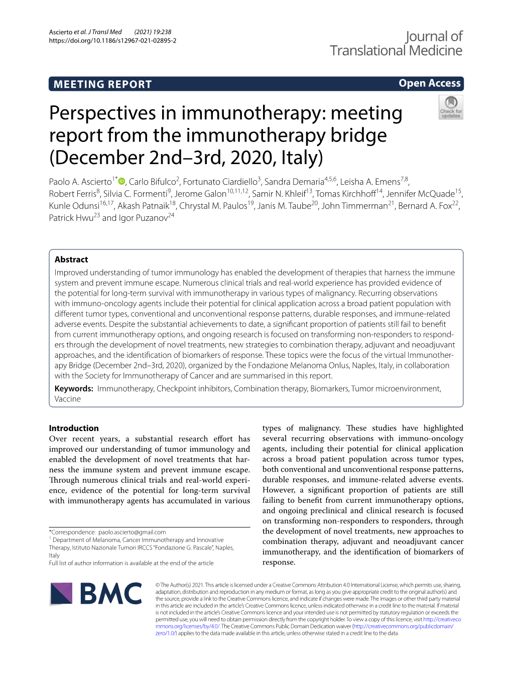 Perspectives in Immunotherapy: Meeting Report from the Immunotherapy Bridge (December 2Nd–3Rd, 2020, Italy) Paolo A