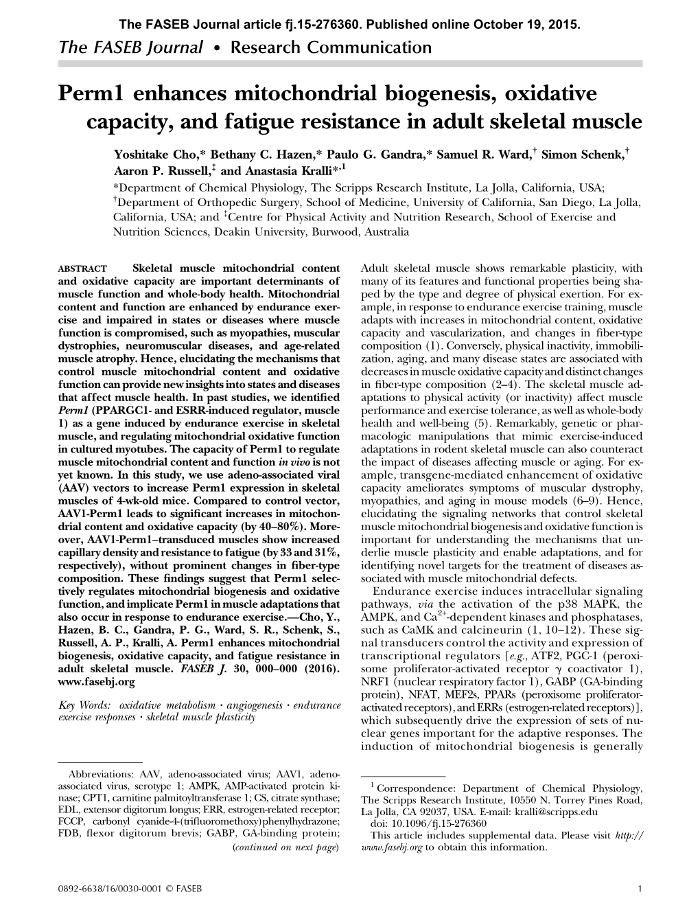 Perm1 Enhances Mitochondrial Biogenesis, Oxidative Capacity, and Fatigue Resistance in Adult Skeletal Muscle