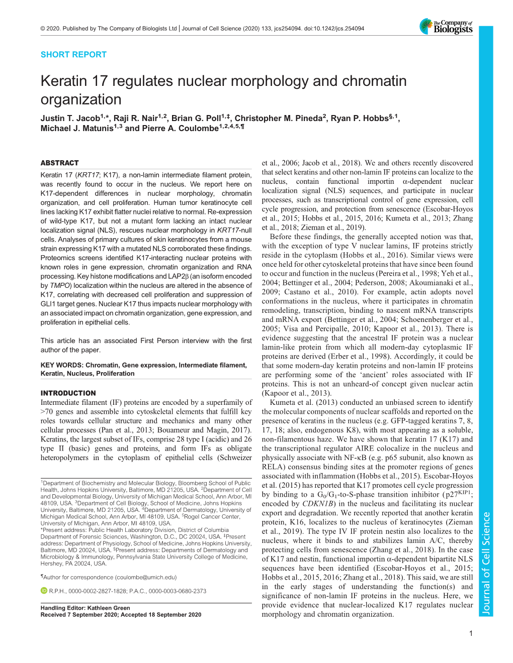 Keratin 17 Regulates Nuclear Morphology and Chromatin Organization Justin T