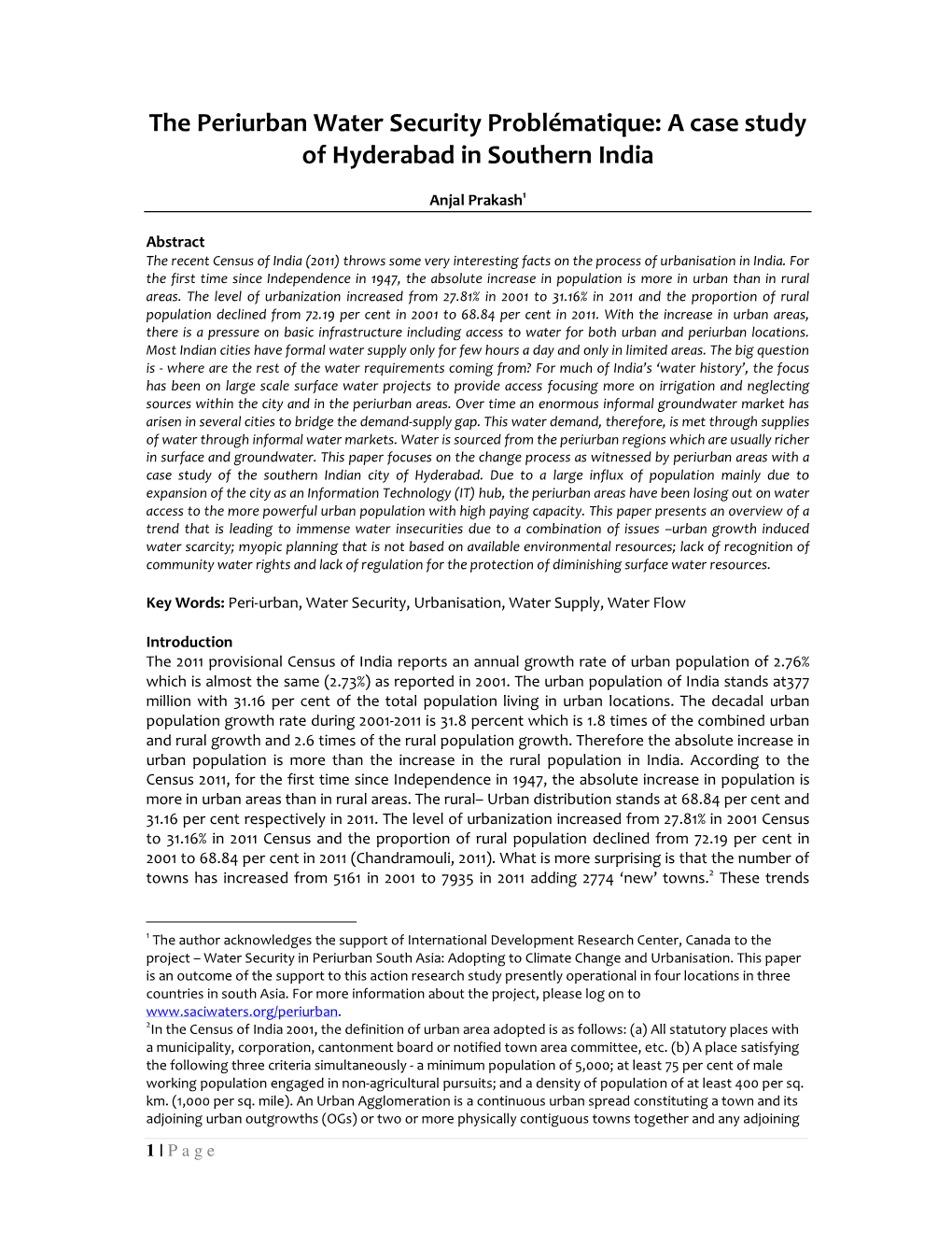 The Periurban Water Security Problématique: a Case Study of Hyderabad in Southern India