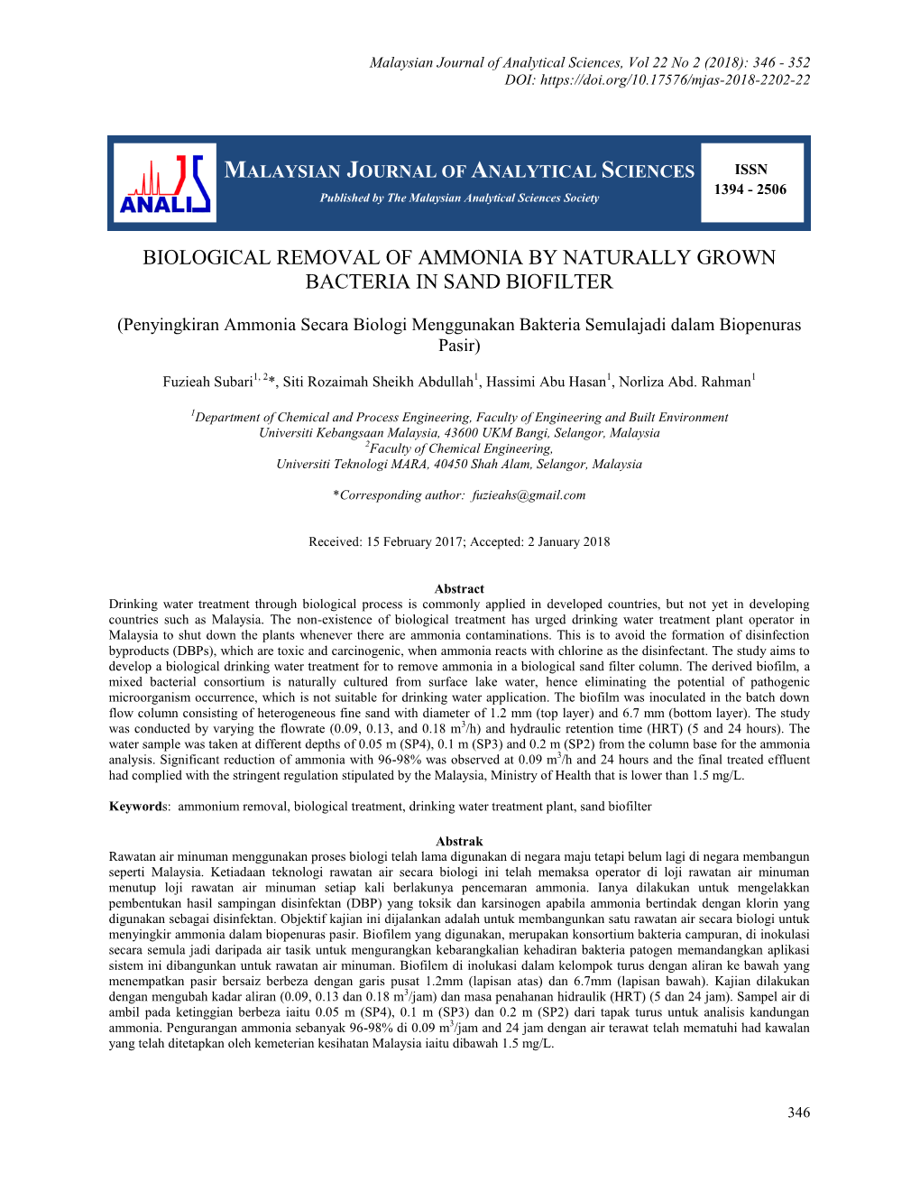 Biological Removal of Ammonia by Naturally Grown Bacteria in Sand Biofilter