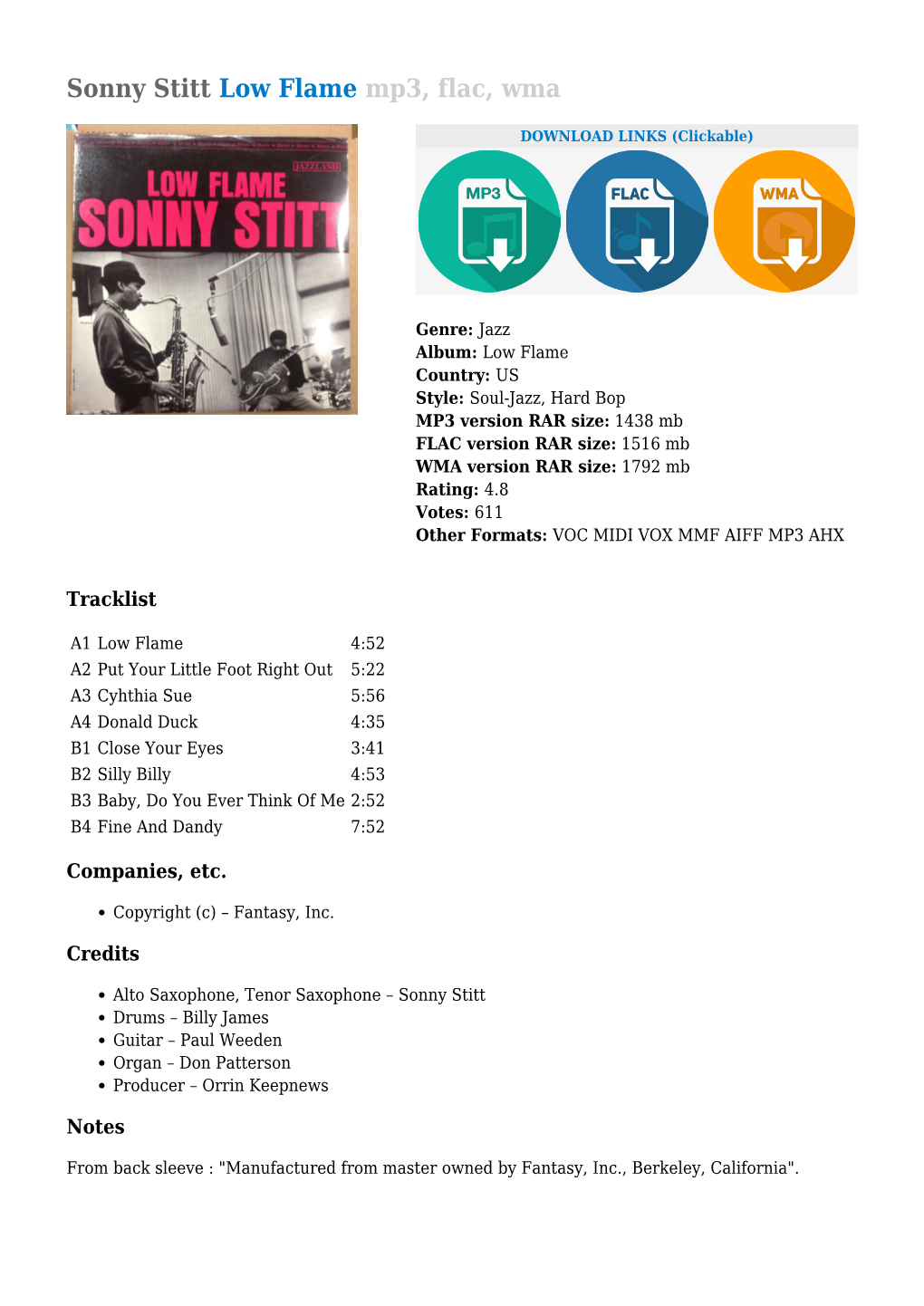 Sonny Stitt Low Flame Mp3, Flac, Wma