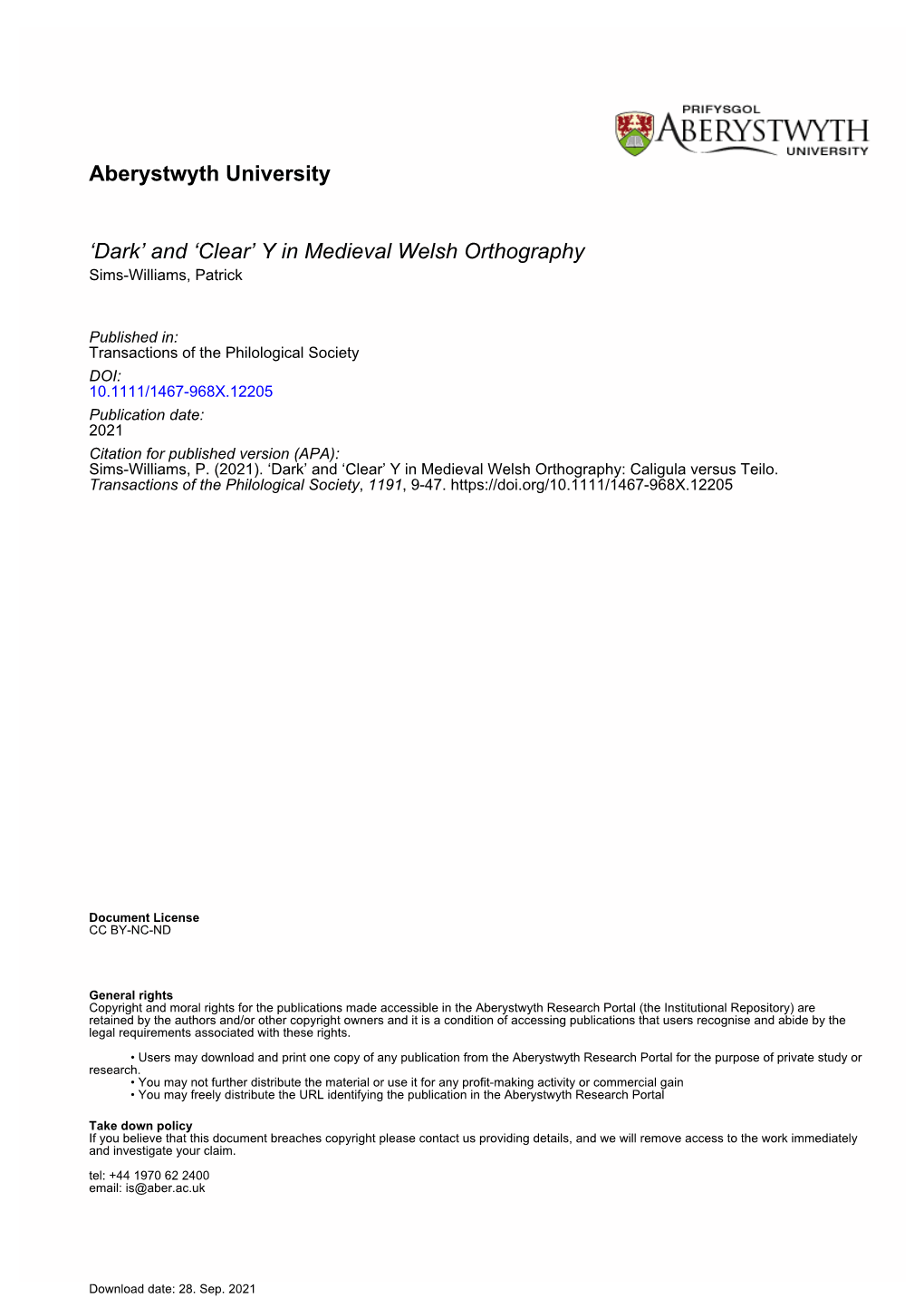 Y in Medieval Welsh Orthography Sims-Williams, Patrick