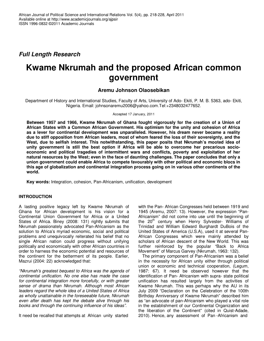 Kwame Nkrumah and the Proposed African Common Government