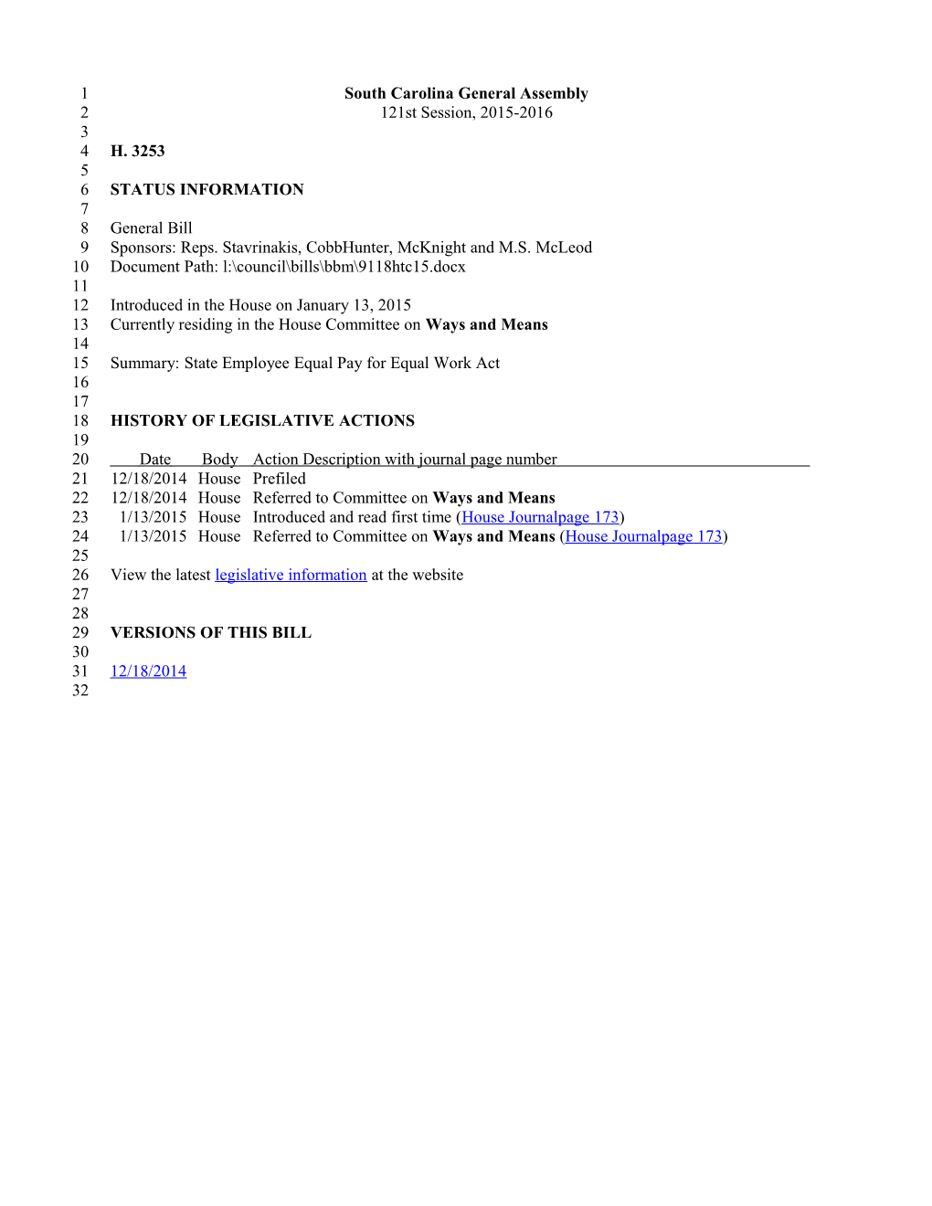 2015-2016 Bill 3253: State Employee Equal Pay for Equal Work Act - South Carolina Legislature