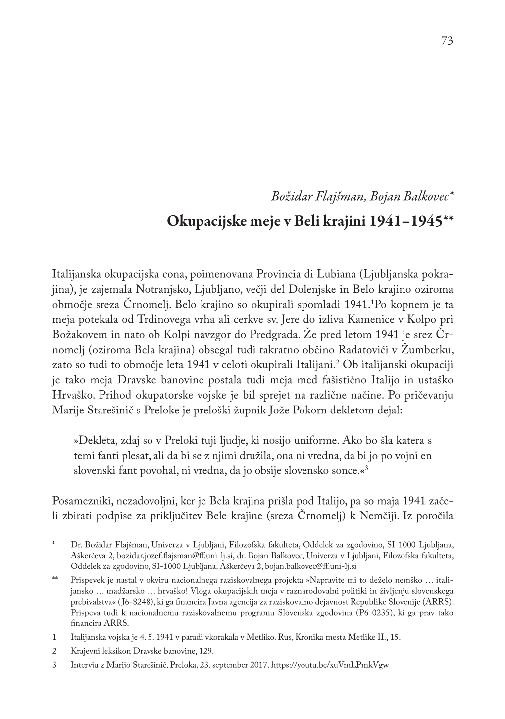 Okupacijske Meje V Beli Krajini 1941–1945**