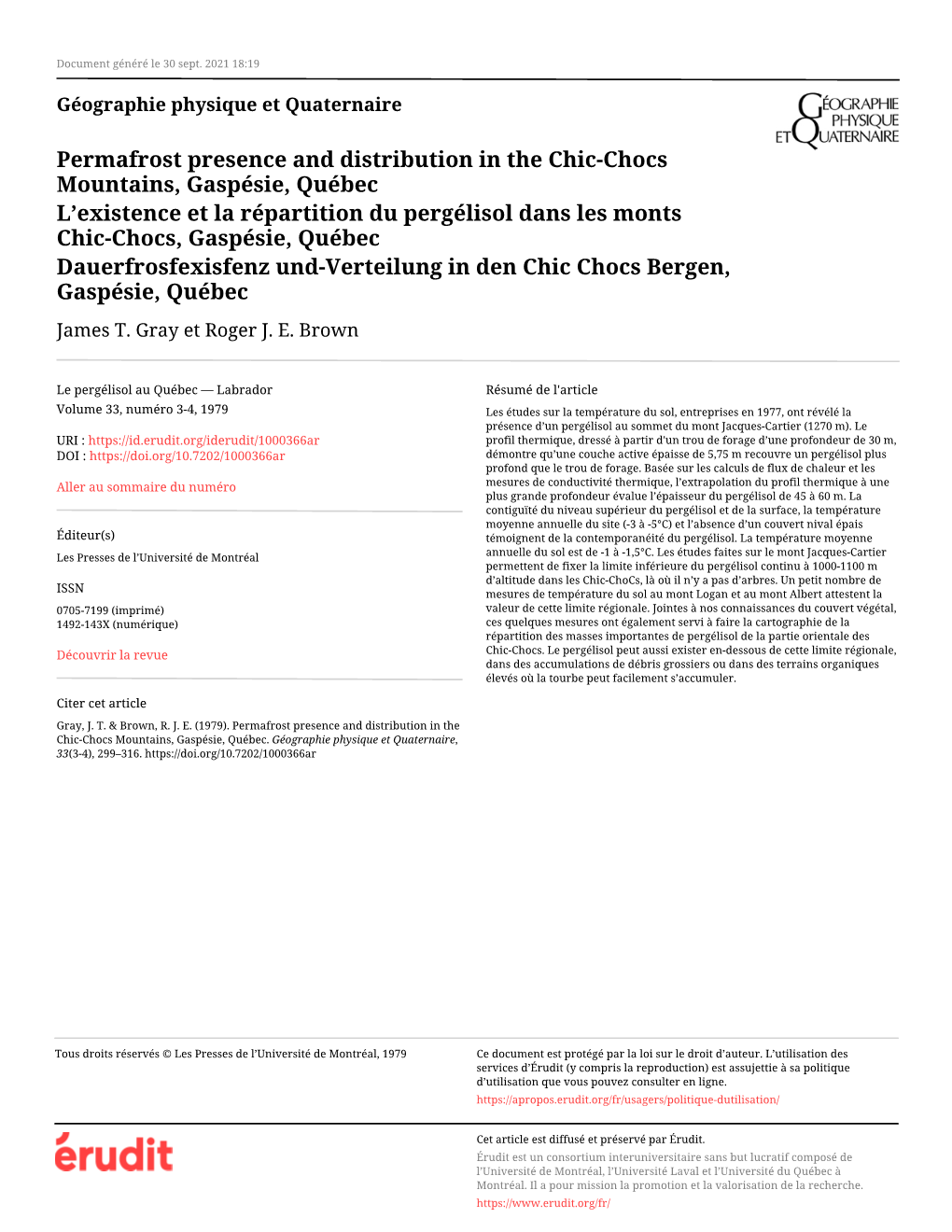 Permafrost Presence and Distribution in the Chic-Chocs Mountains