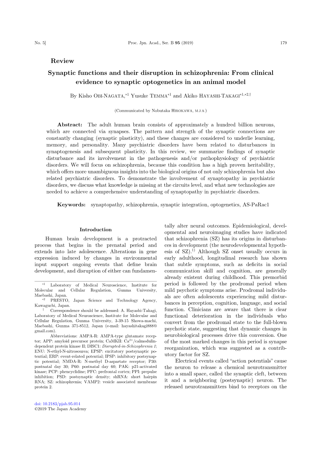 Review Synaptic Functions and Their Disruption in Schizophrenia: from Clinical Evidence to Synaptic Optogenetics in an Animal Model