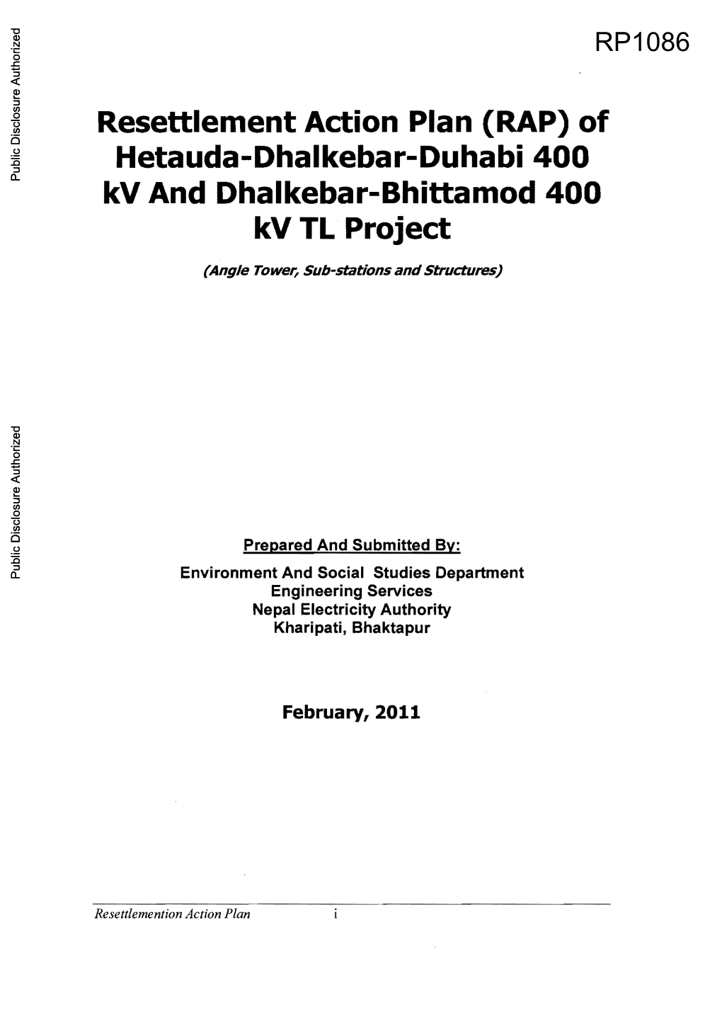 Resettlement Action Plan (RAP) of Hetauda-Dhalkebar-Duhabi 400 Kv and Dhalkebar-Bhittamod 400 Kv TL Project