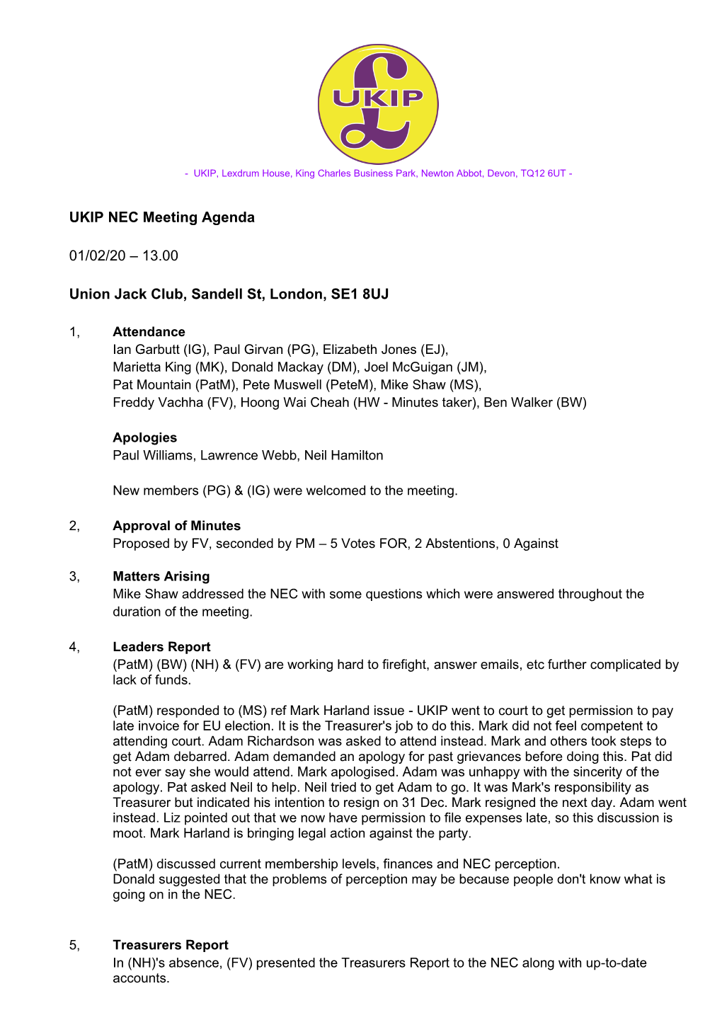 UKIP NEC Meeting Agenda