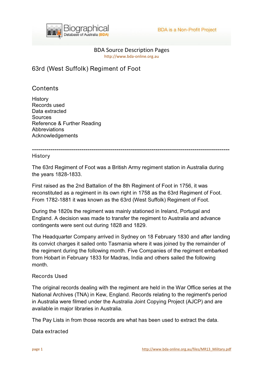 BDA Source Description Pages 63Rd (West Suffolk) Regiment of Foot