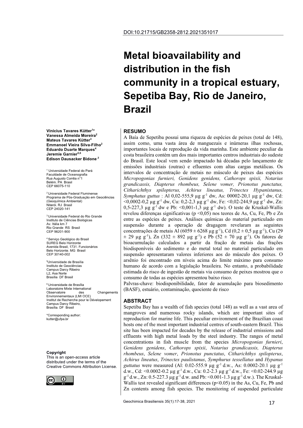 Metal Bioavailability and Distribution in the Fish Community in a Tropical Estuary, Sepetiba Bay, Rio De Janeiro, Brazil